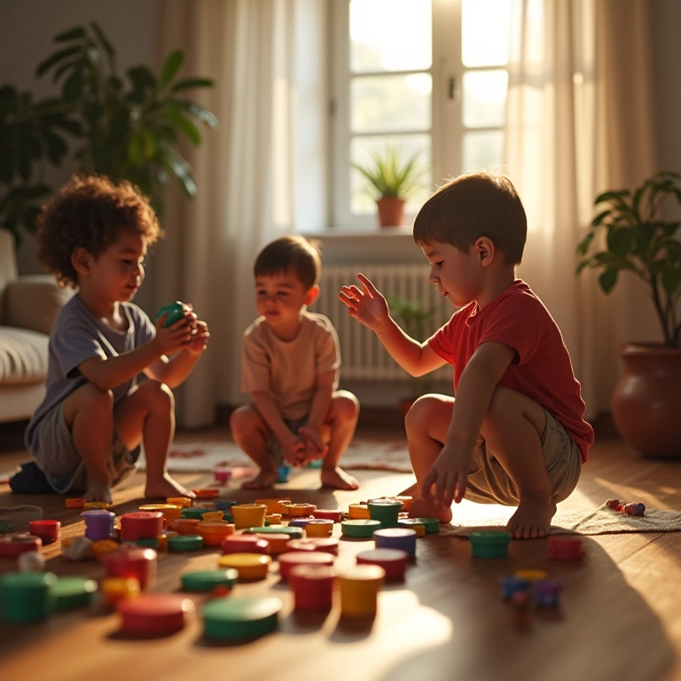 Família se divertindo jogando jogos em sala de estar vibrante.