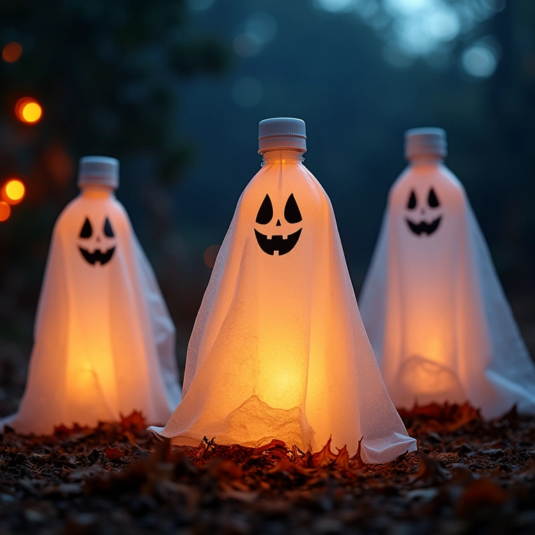 Fantasmas luminosos feitos com garrafas pet recicladas.