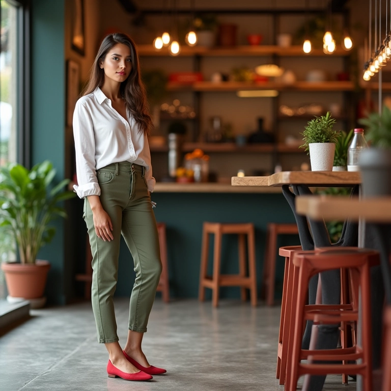 Fashionista brasileira com sapatilha de bico fino e calça de alfaiataria em café estiloso.