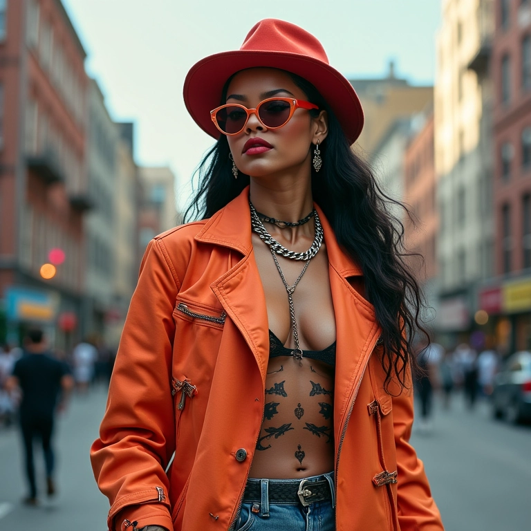 Fashionista camaleoa inspirada em Rihanna em cenário urbano.