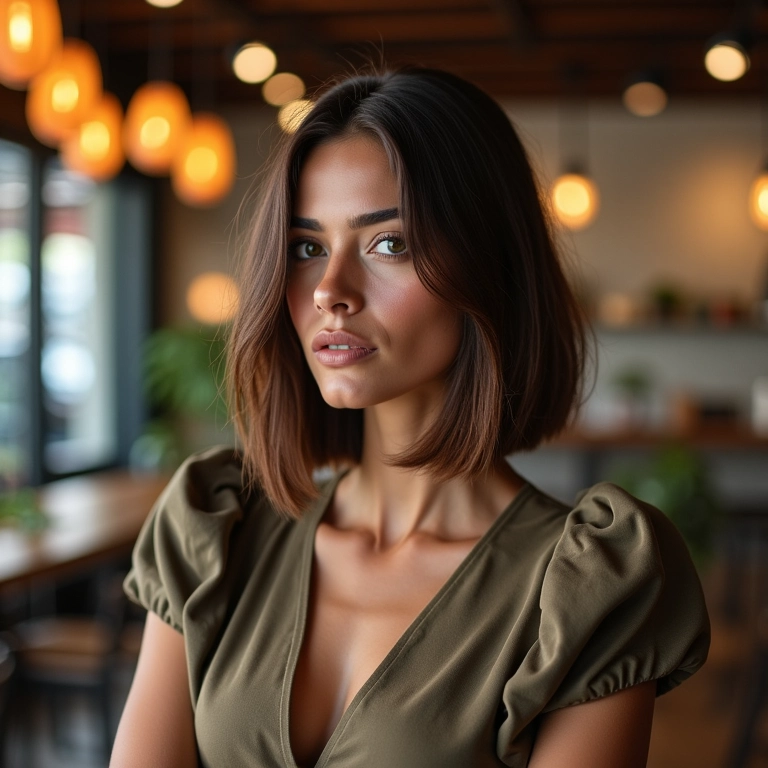 Fashionista com bob hair elegante em café charmoso de São Paulo.