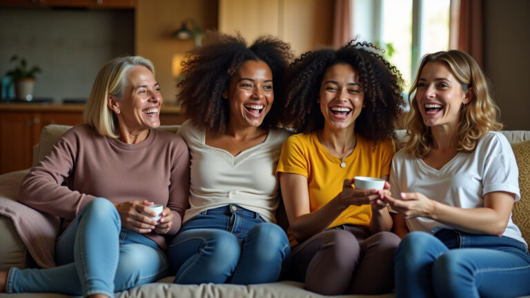 Mulheres brasileiras assistindo filme inspirador juntas.