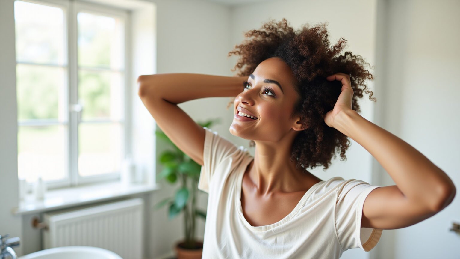 Mulher cacheada fazendo plopping com camiseta de algodão no banheiro.