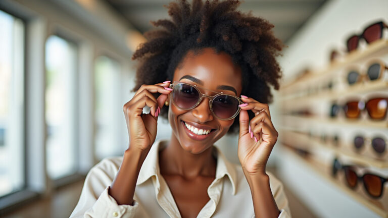 Mulher sorrindo experimentando óculos de sol para rosto redondo.
