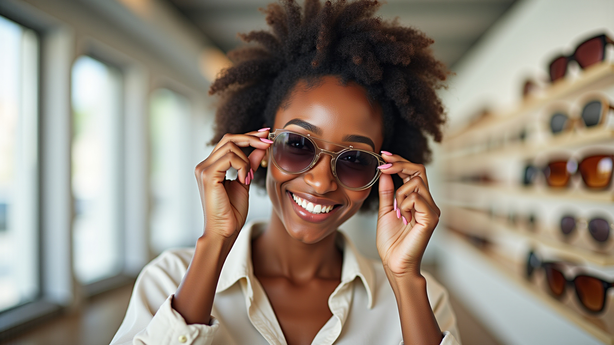 Mulher sorrindo experimentando óculos de sol para rosto redondo.