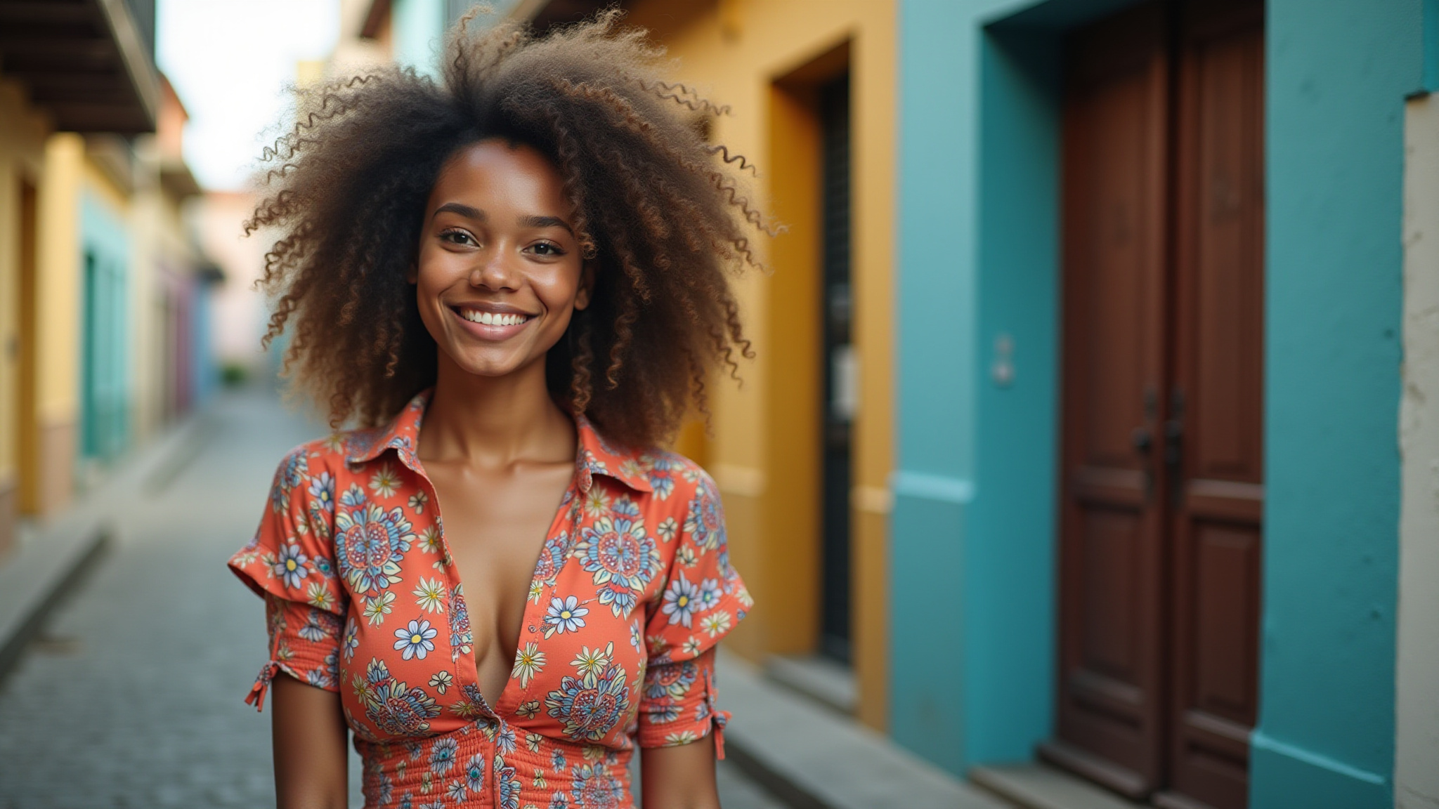 Mulher jovem e confiante usando mix de estampas florais e geométricas.