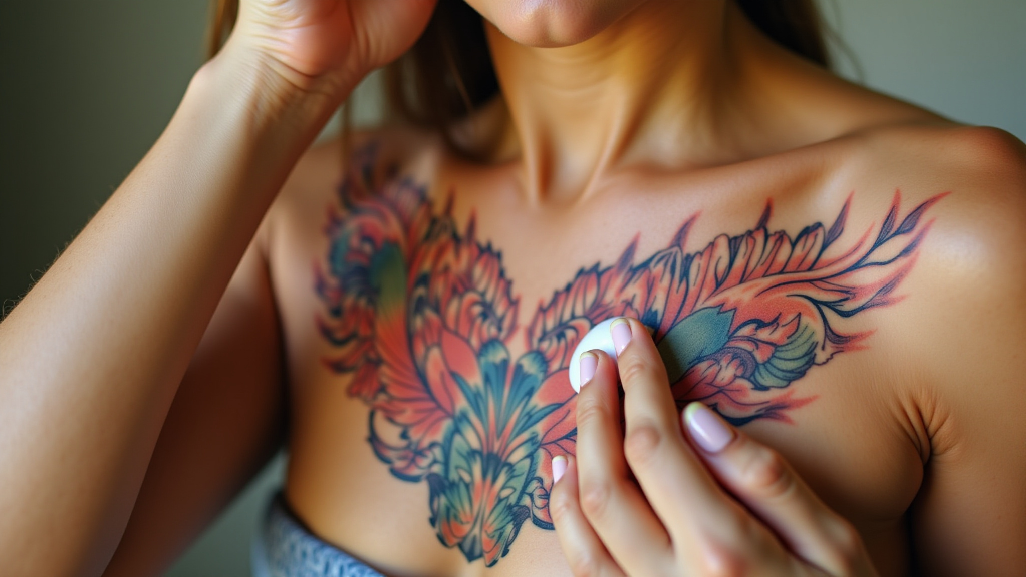 Tatuagem colorida hidratada, pele macia e vibrante.