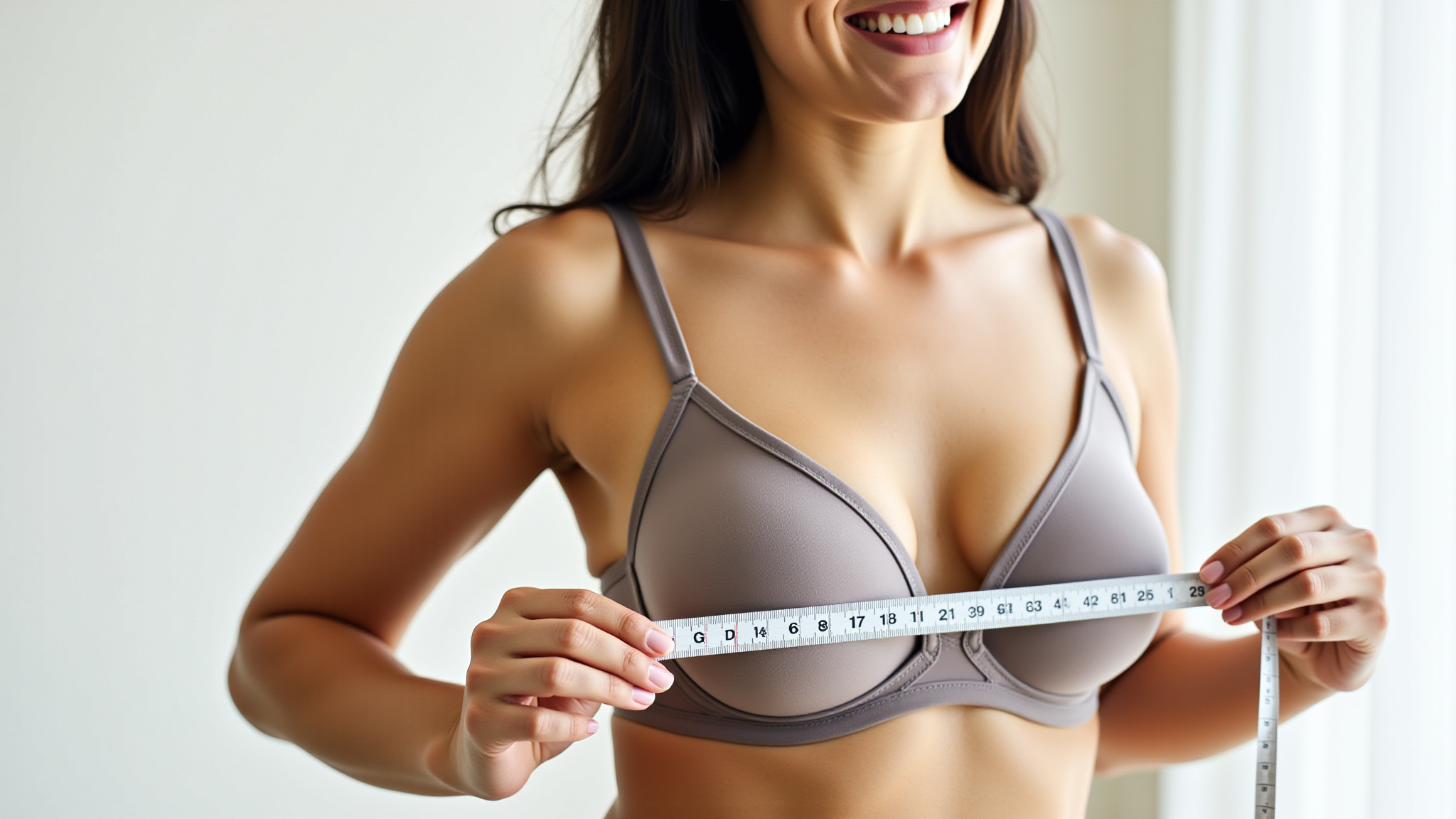 Mulher medindo o busto para encontrar o tamanho ideal de sutiã.