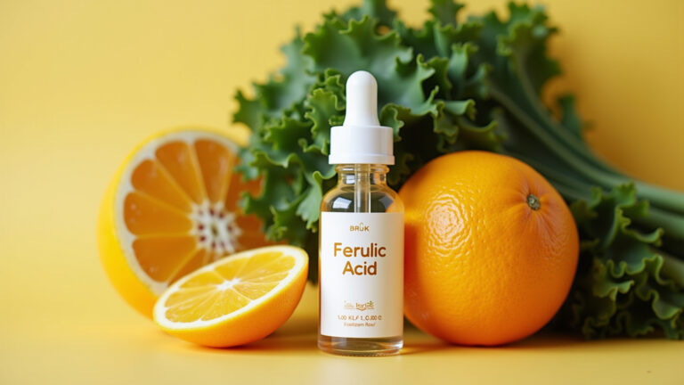Frasco de sérum com ácido ferúlico, laranjas e vegetais verdes.