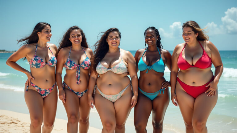 Mulheres diversas experimentando biquínis na praia.