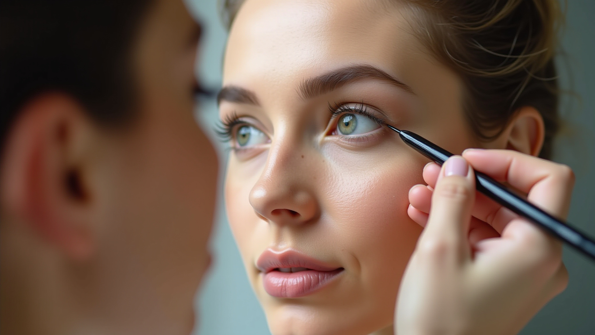 Maquiagem realçando olhos verdes e pequenos.