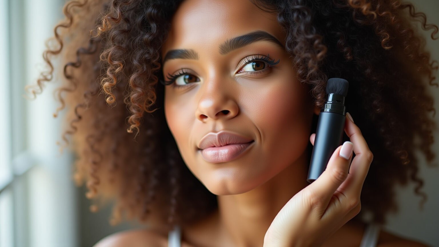 Mulher cacheada aplicando fitagem para definição dos cachos.