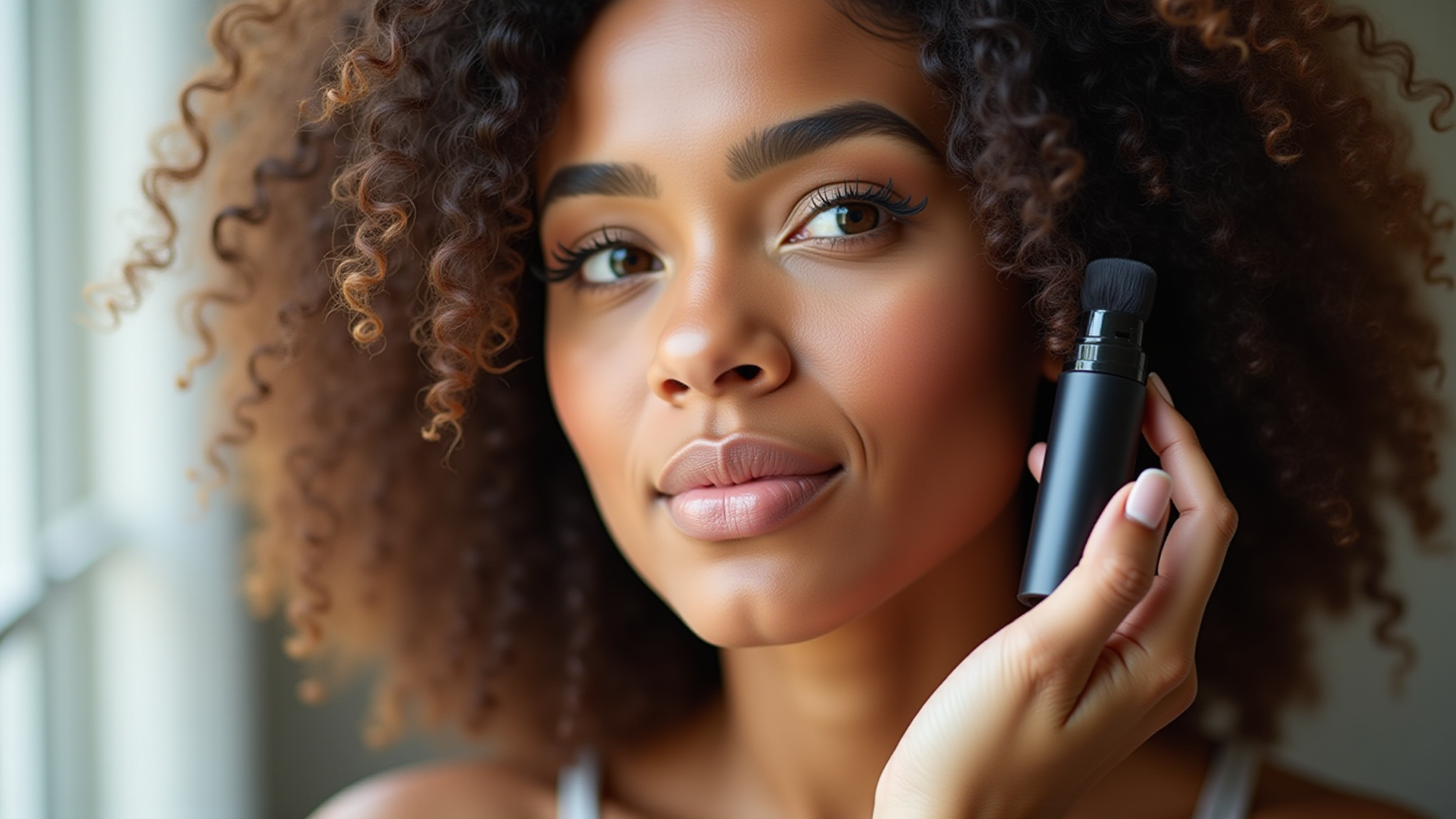 Mulher cacheada aplicando fitagem para definição dos cachos.