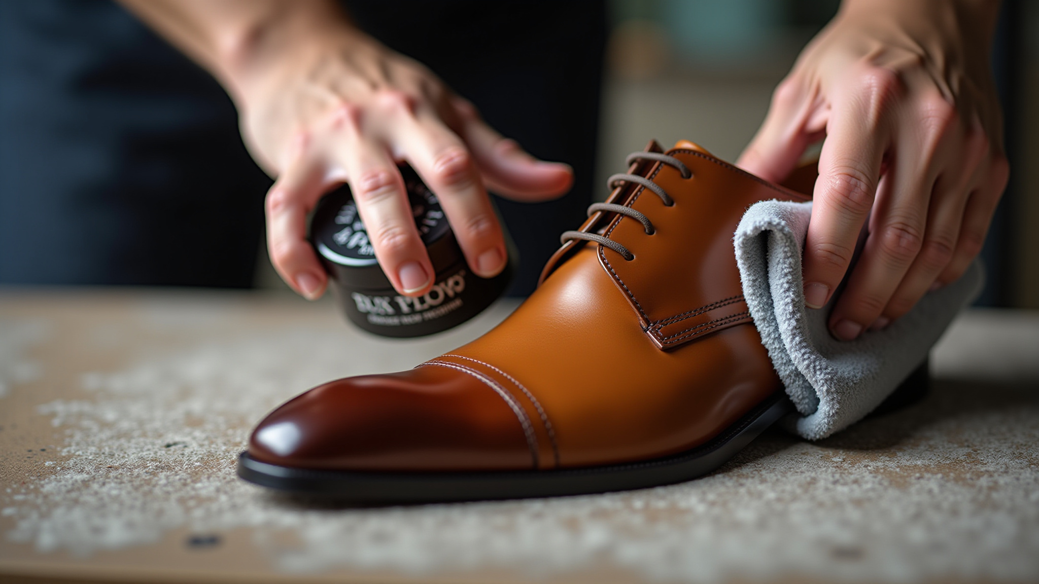 Mãos limpando sapatos de couro com cuidado.