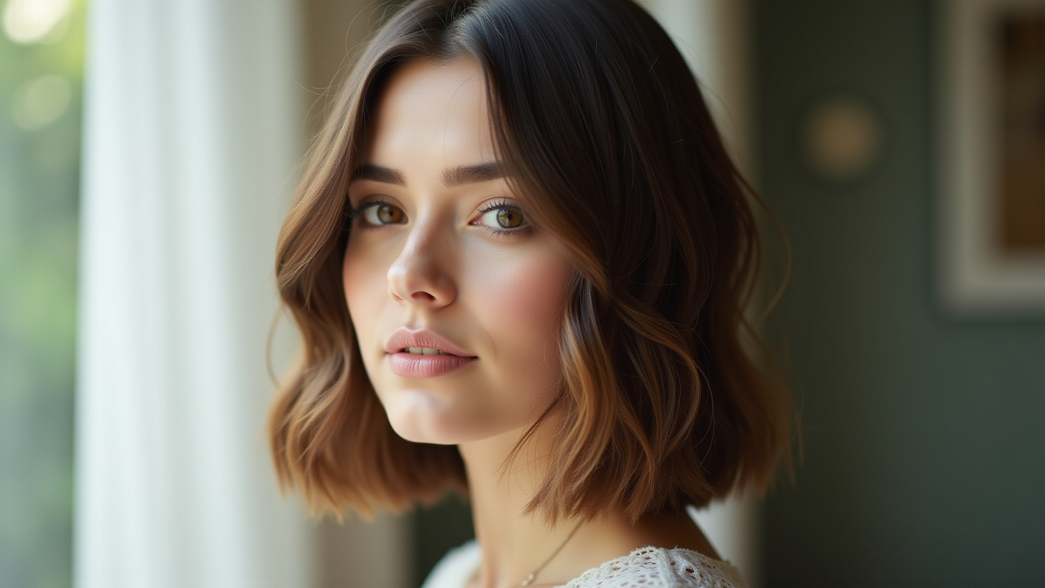 Mulher com rosto pera exibindo corte bob em camadas.