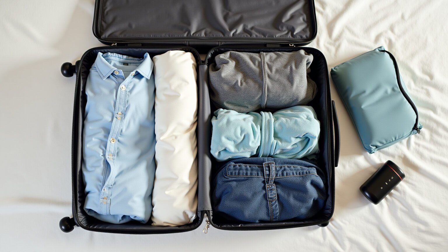 Mala de viagem aberta com roupas enroladas e organizadas.