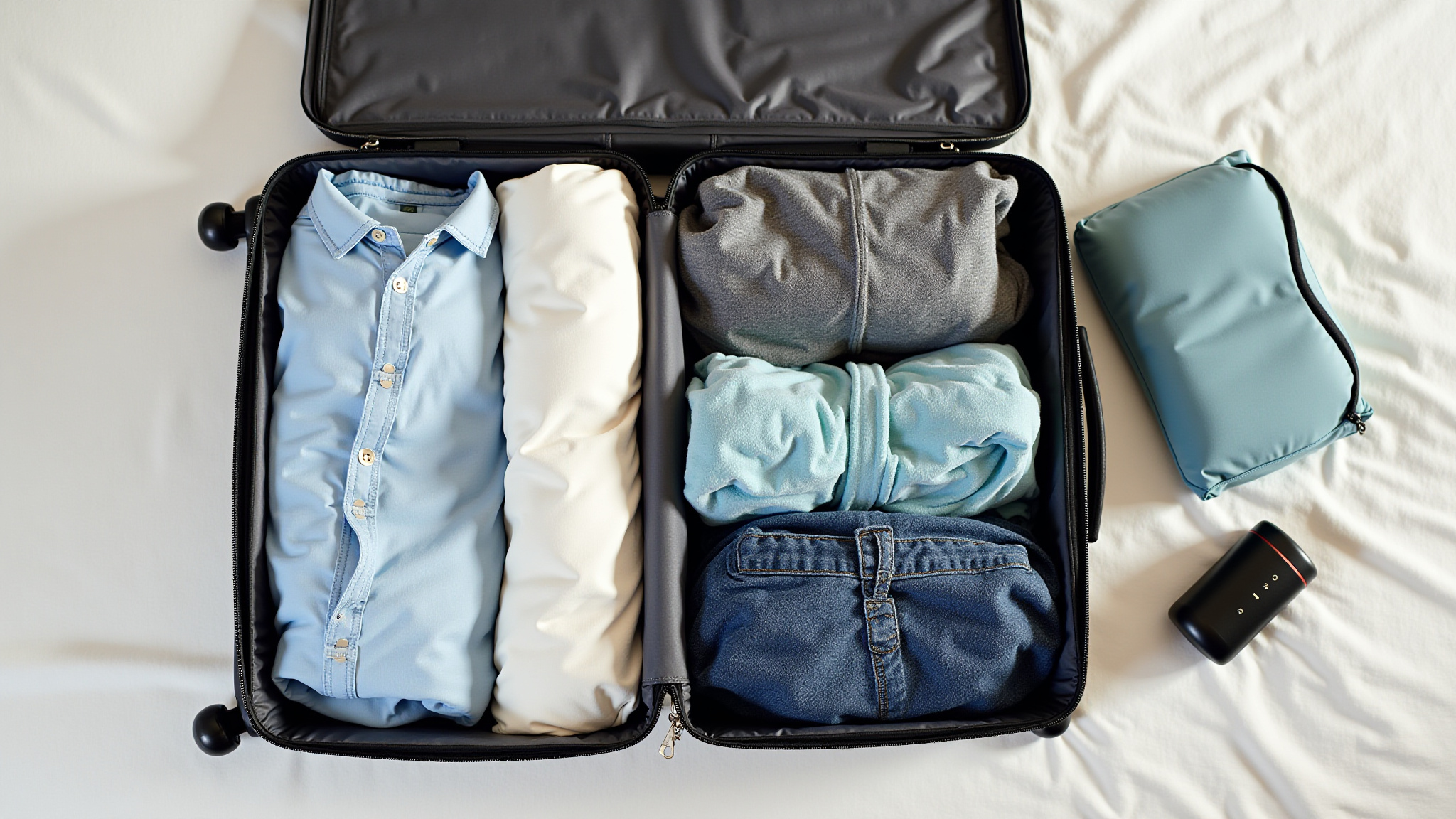 Mala de viagem aberta com roupas enroladas e organizadas.