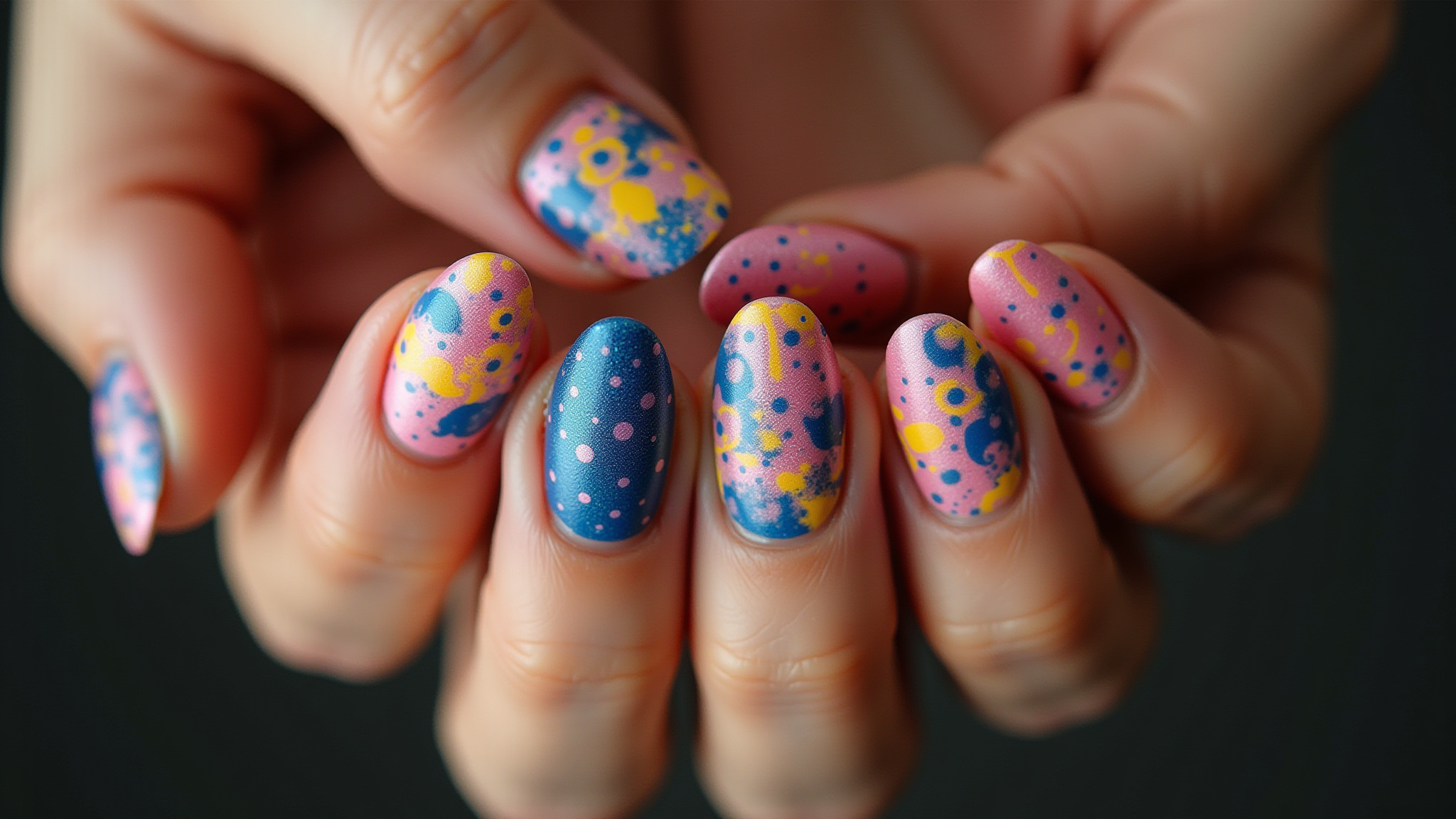 Unhas decoradas com designs abstratos modernos e coloridos.