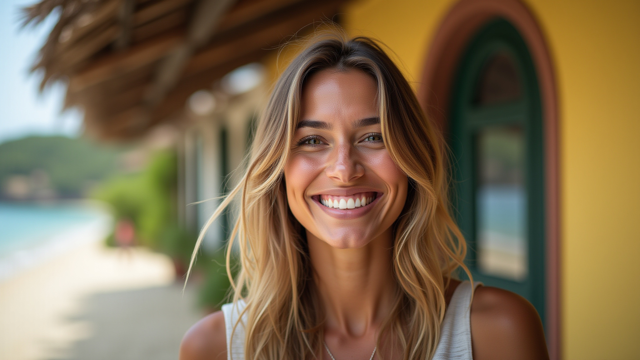 Mulher sorrindo com corte de cabelo em camadas longas.