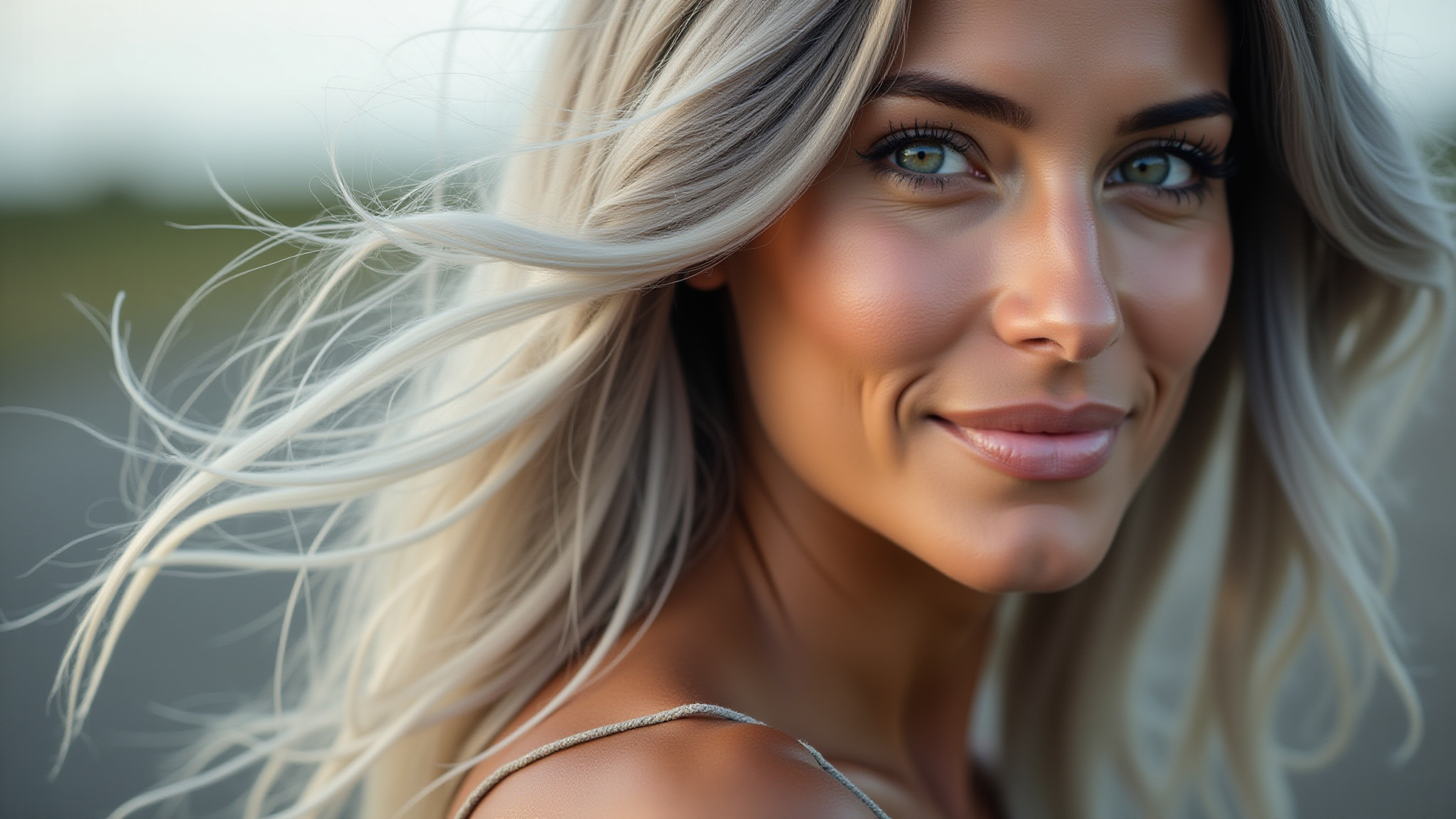 Mulher com cabelo longo e acinzentado.