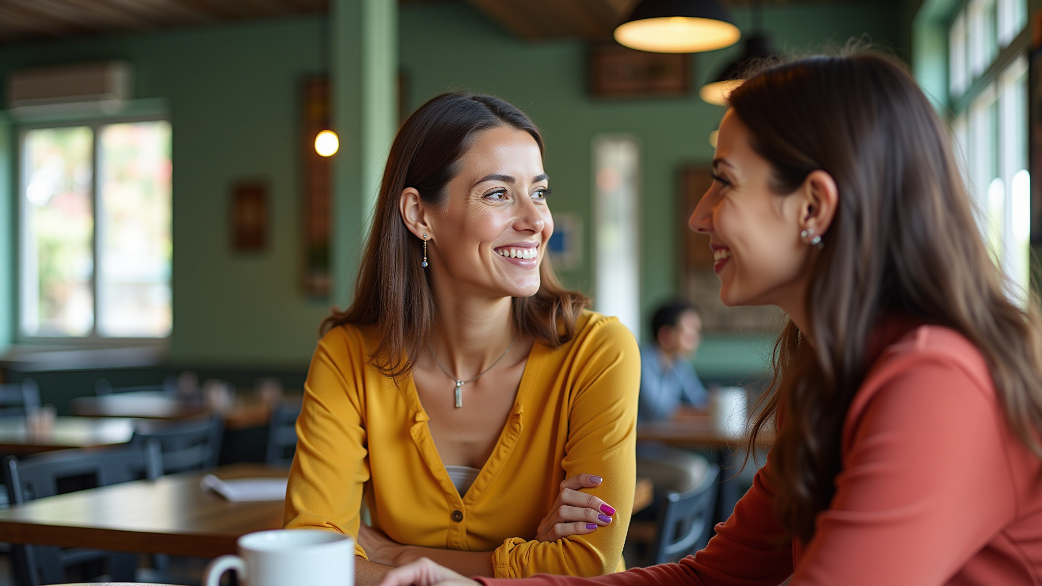 Mulheres diversas mentorando em café brasileiro vibrante.