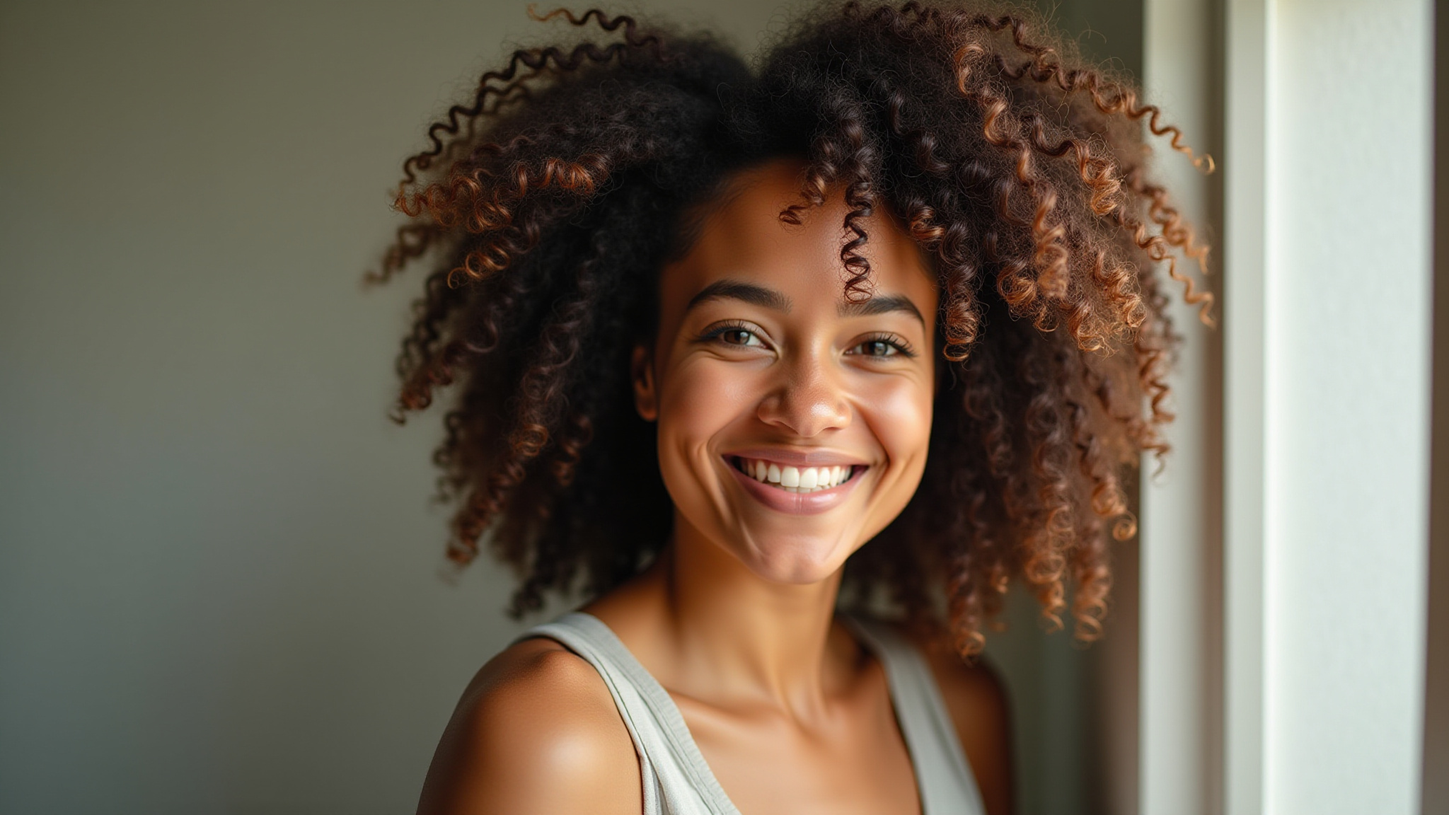 Mulher sorrindo com cabelo cacheado natural e saudável, sem química.