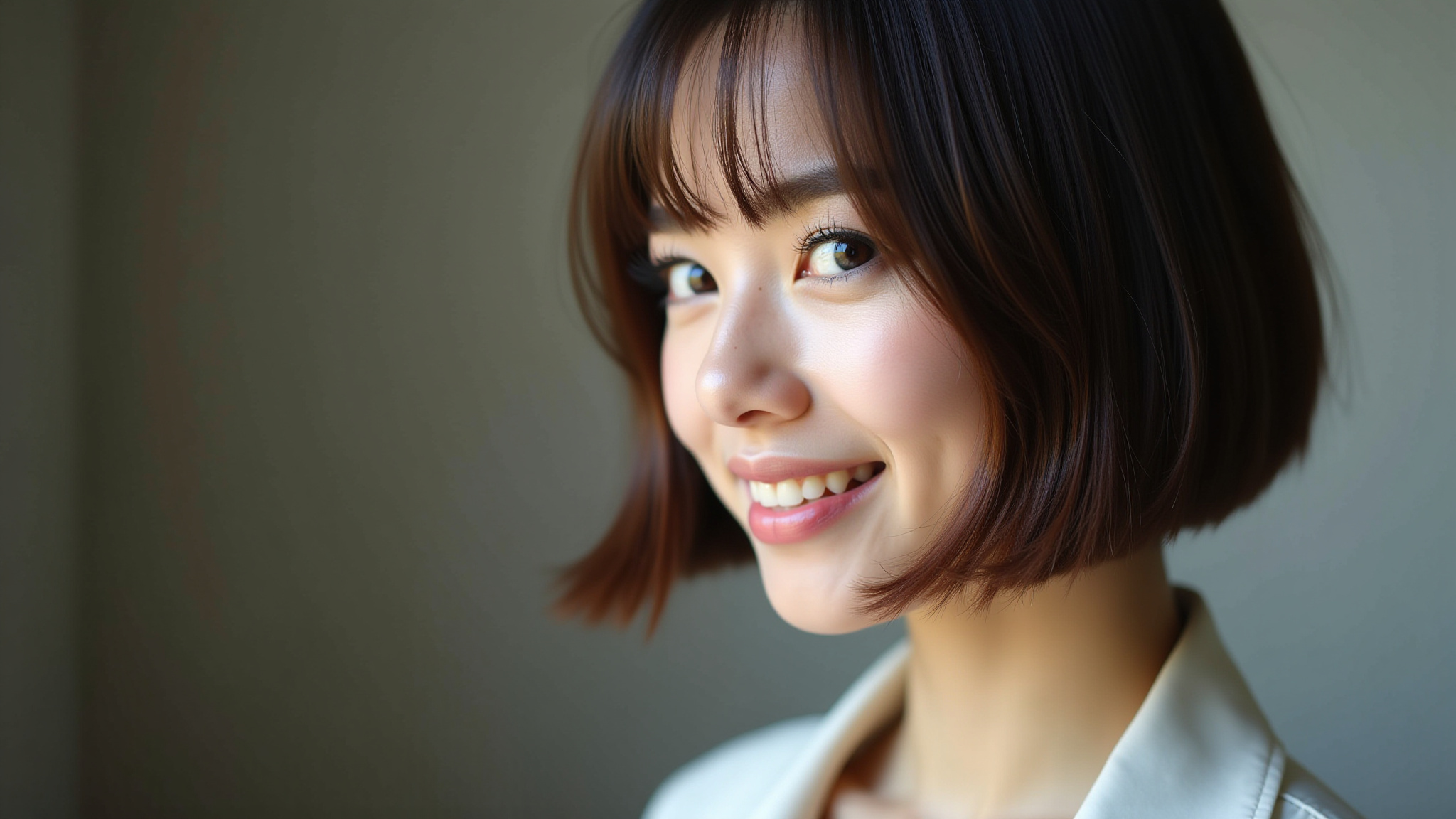 Mulher jovem com corte de cabelo bob minimalista.