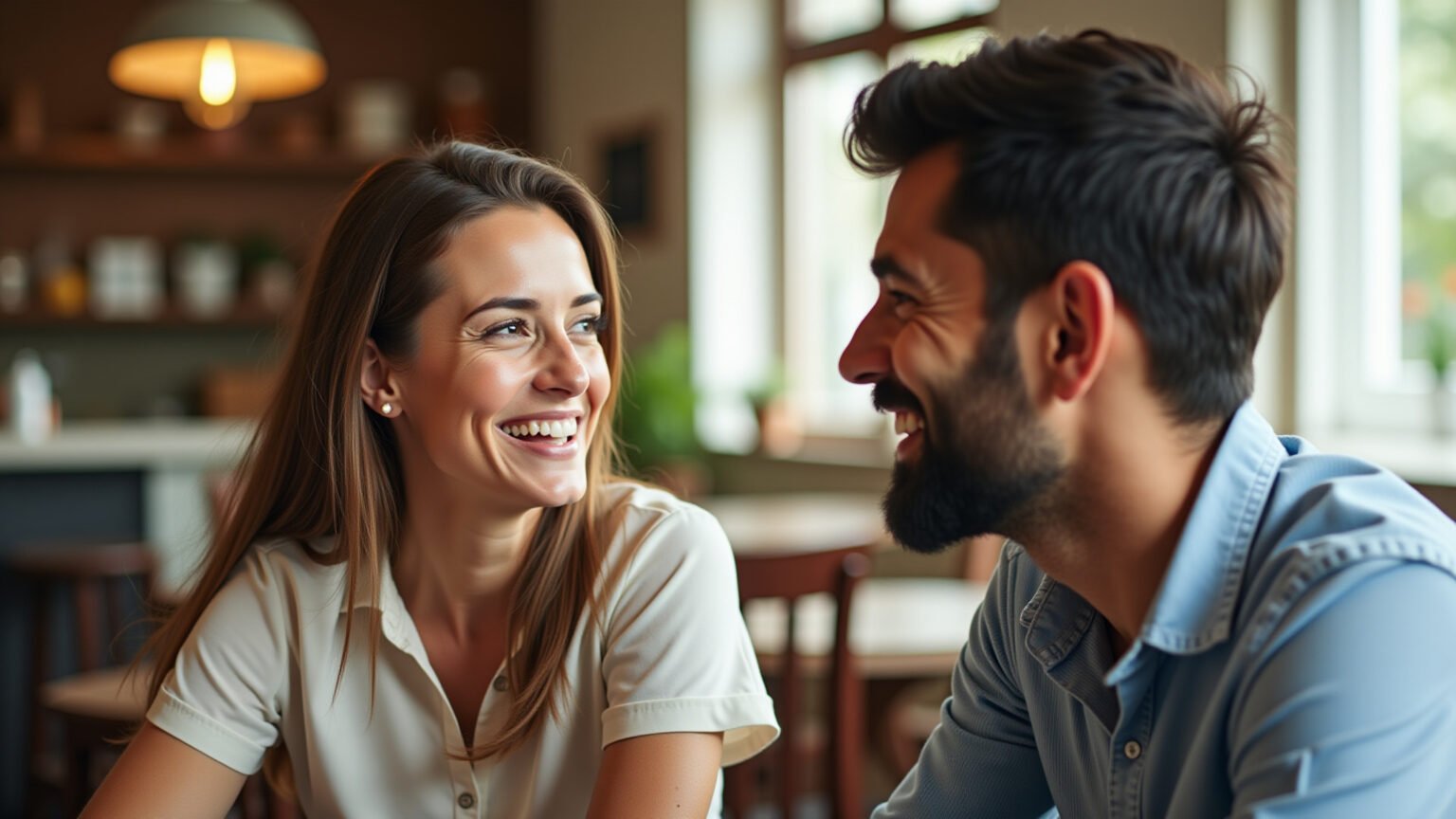 Mulher elogiando homem sorrindo em café.
