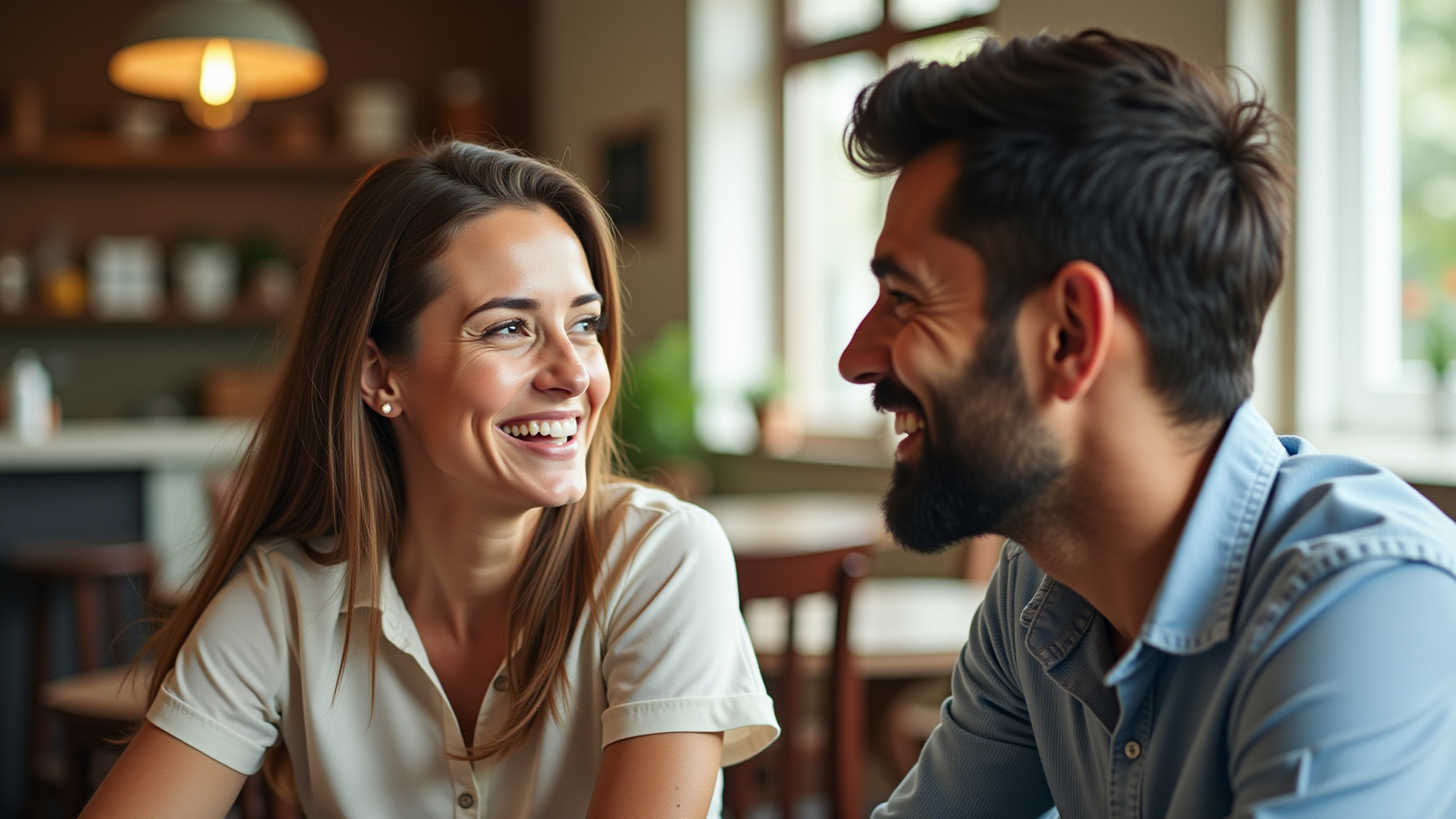 Mulher elogiando homem sorrindo em café.
