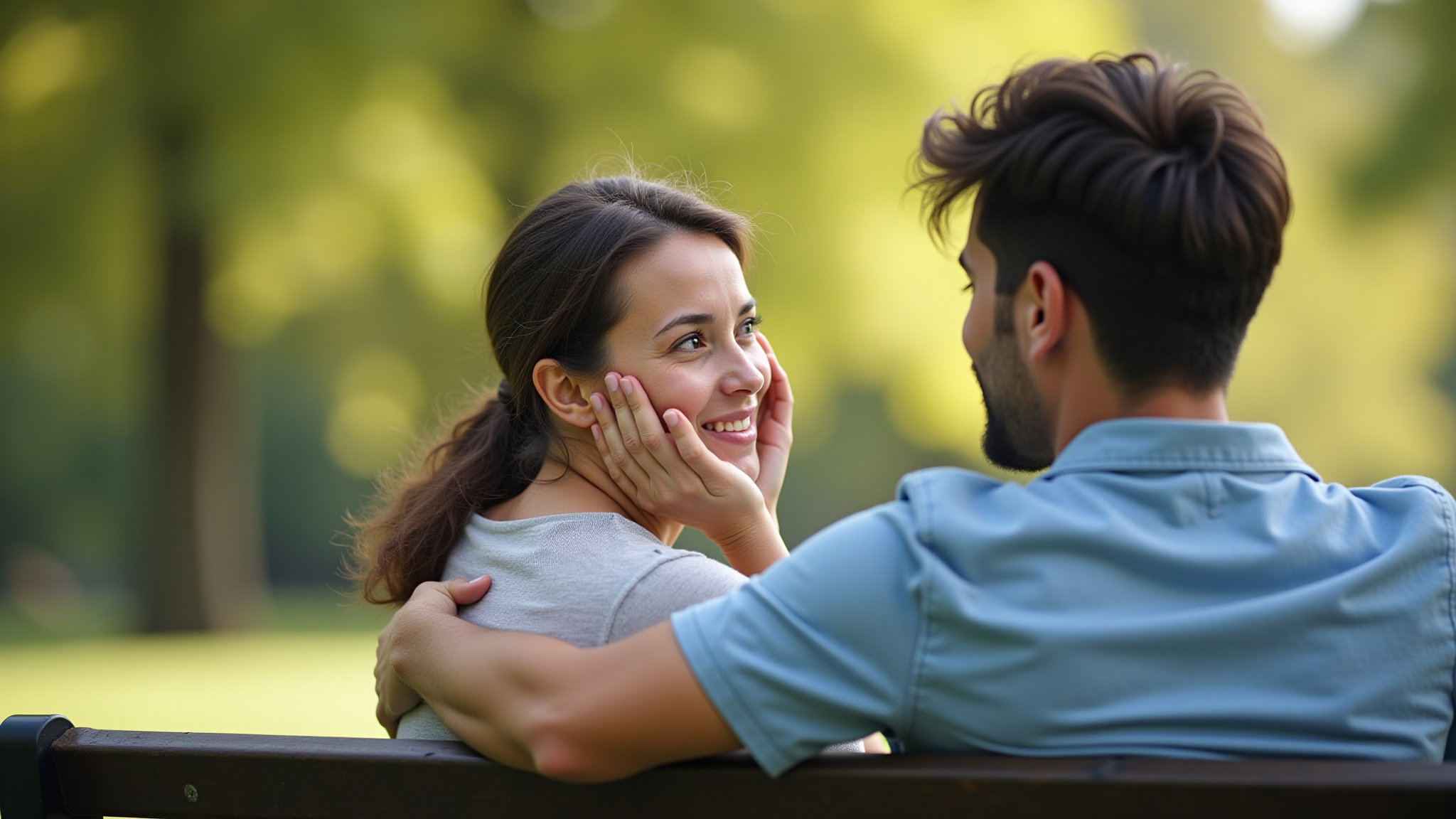 Mulher recebendo apoio de amiga em parque, demonstrando coragem.