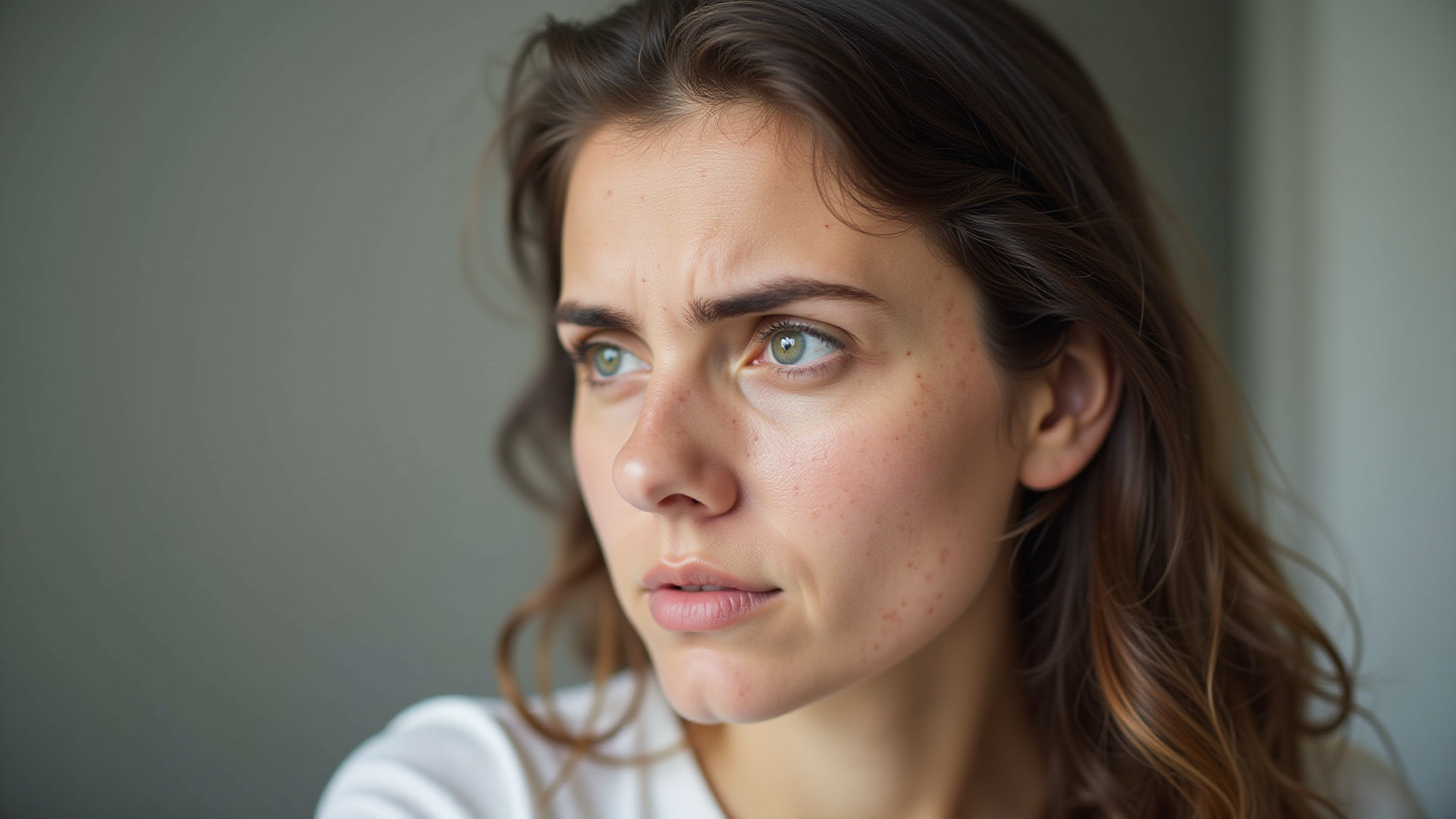 Mulher preocupada com couro cabeludo seco e descamação.