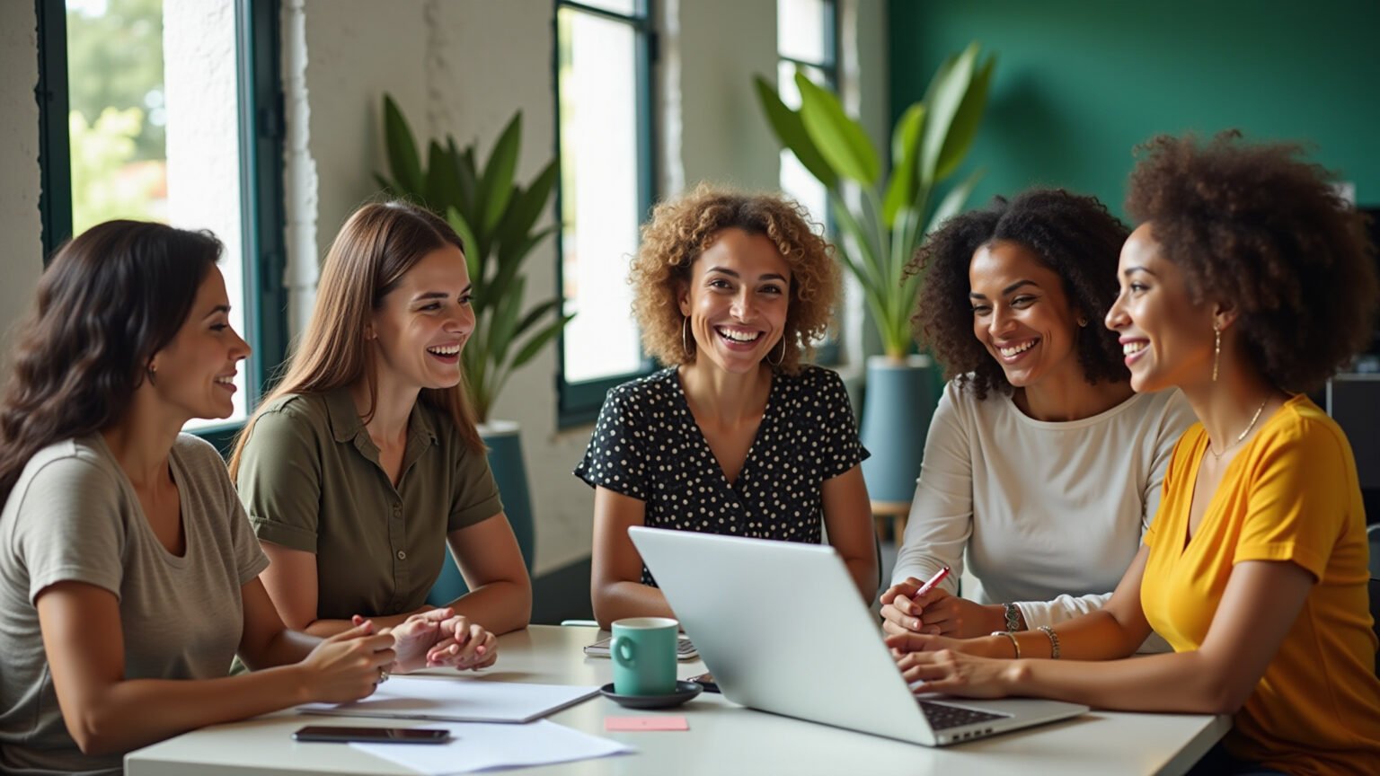 Mulheres brasileiras diversas colaborando em escritório moderno.