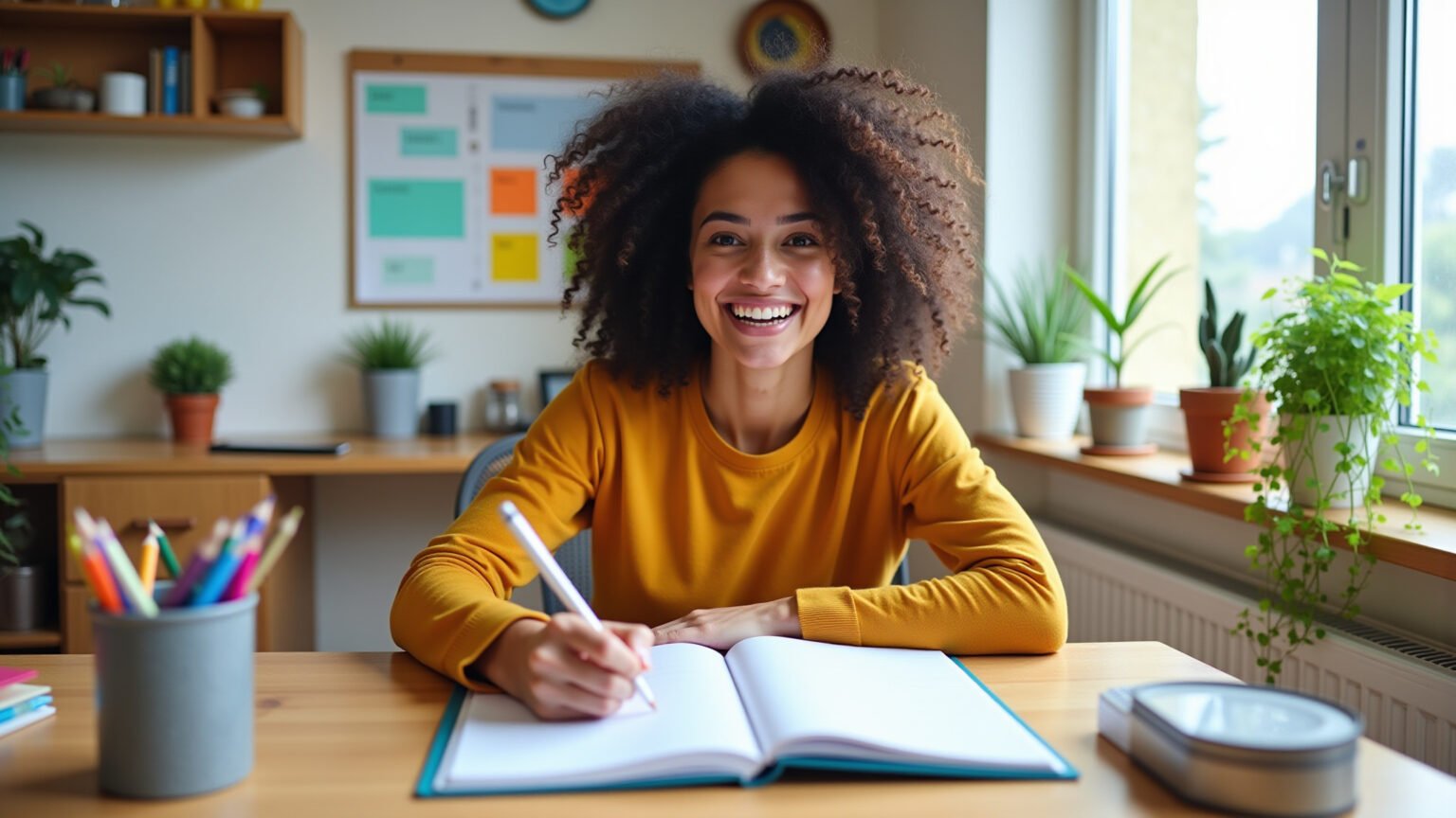 Mulher planejando metas anuais em um planner.