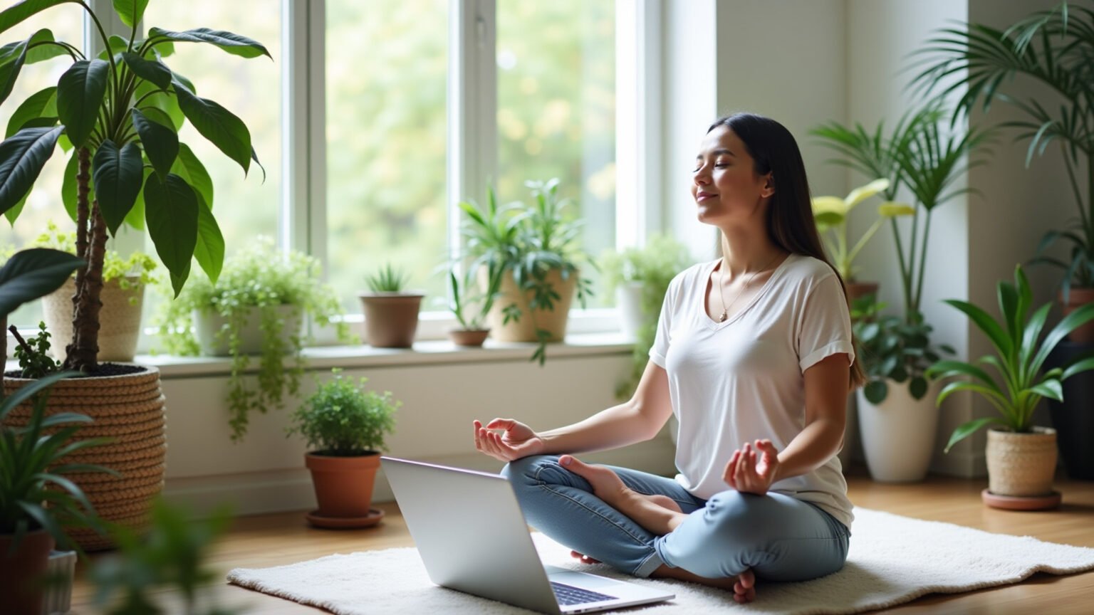 Como ter mais foco em um mundo cheio de distrações? Um desafio real! Mulher meditando em ambiente tranquilo, livre de distrações.