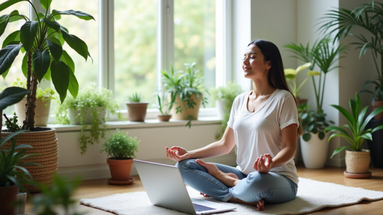 Mulher meditando em ambiente tranquilo, livre de distrações.