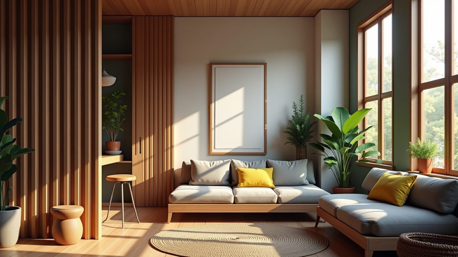 Biombos Decorativos: Divida Ambientes com Estilo e Versatilidade Sala de estar dividida por um elegante biombo de madeira.