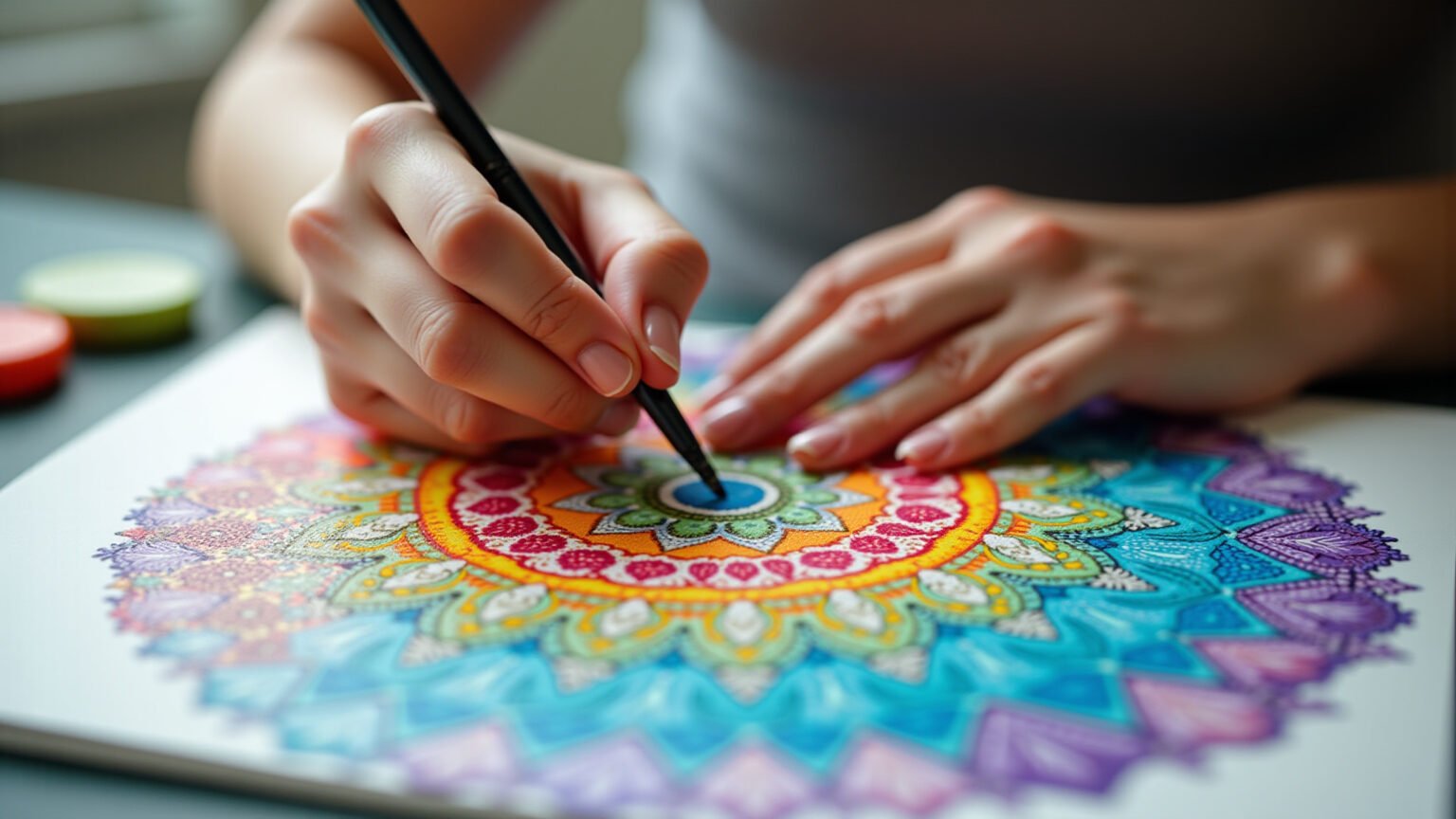 Mãos criando mandala colorida com pontilhismo.