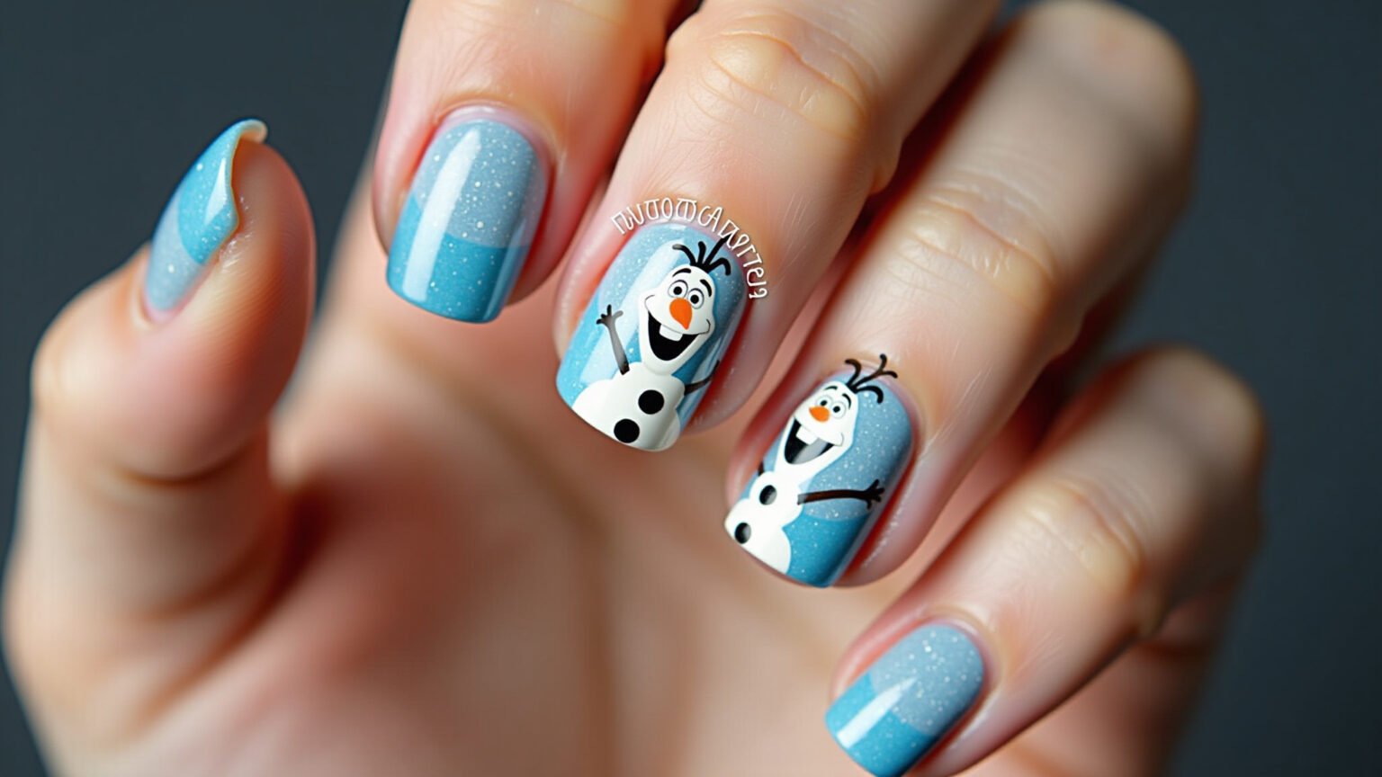 Unhas decoradas com tema do Olaf.