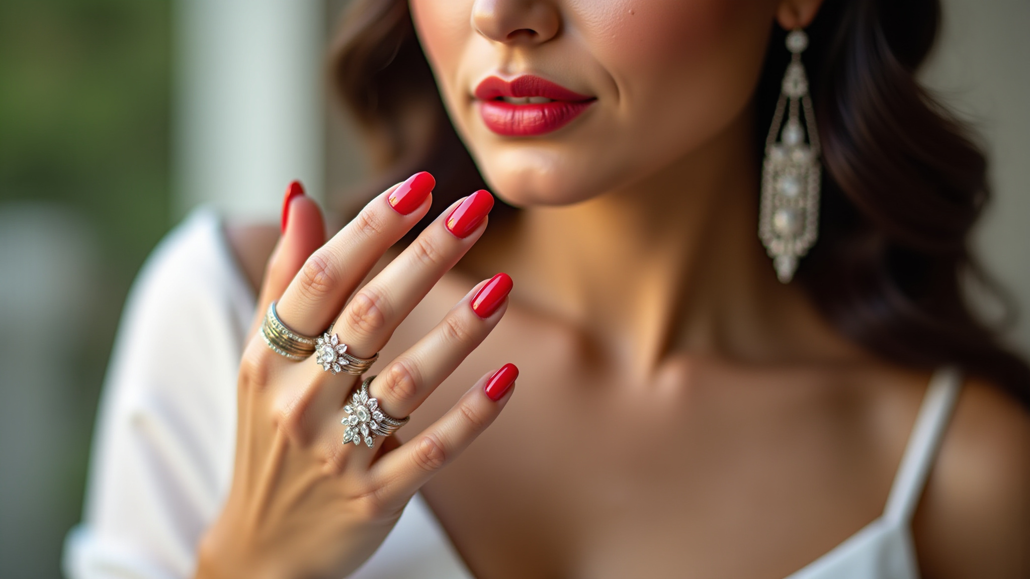Unhas stiletto vermelhas com joias elegantes.