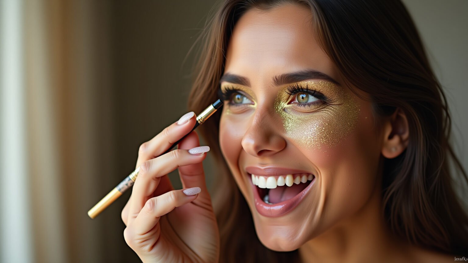 Mulher brasileira aplicando delineador com glitter para o Réveillon.