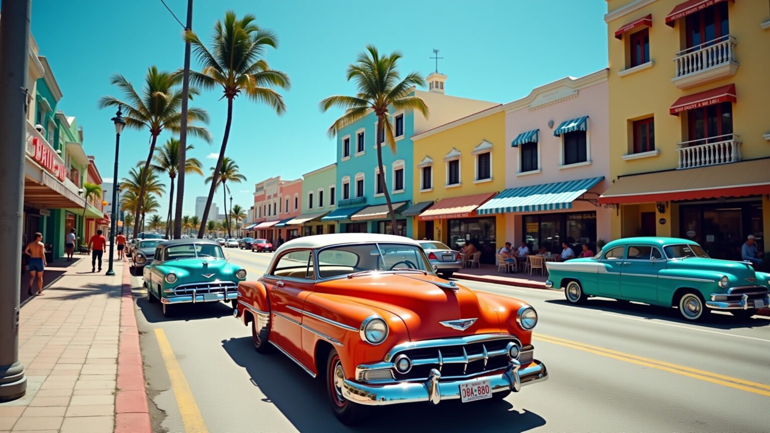 Ocean Drive em Miami com carros clássicos e arquitetura Art Deco.