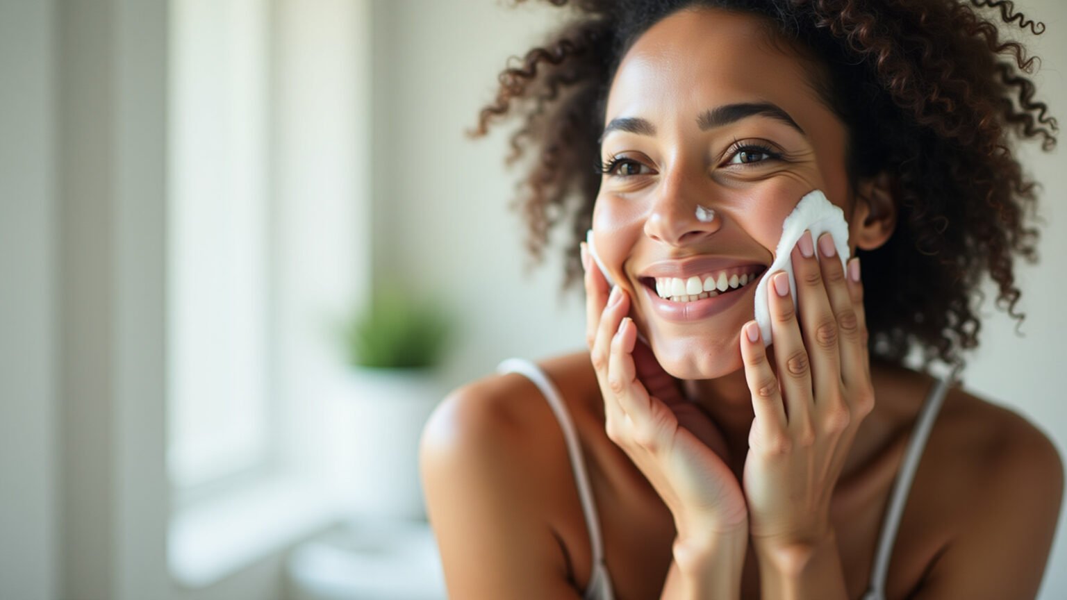 Você Sabe Cuidar da Sua Pele Normal? A Escolha do Sabonete é Essencial Mulher brasileira lavando o rosto com sabonete suave.