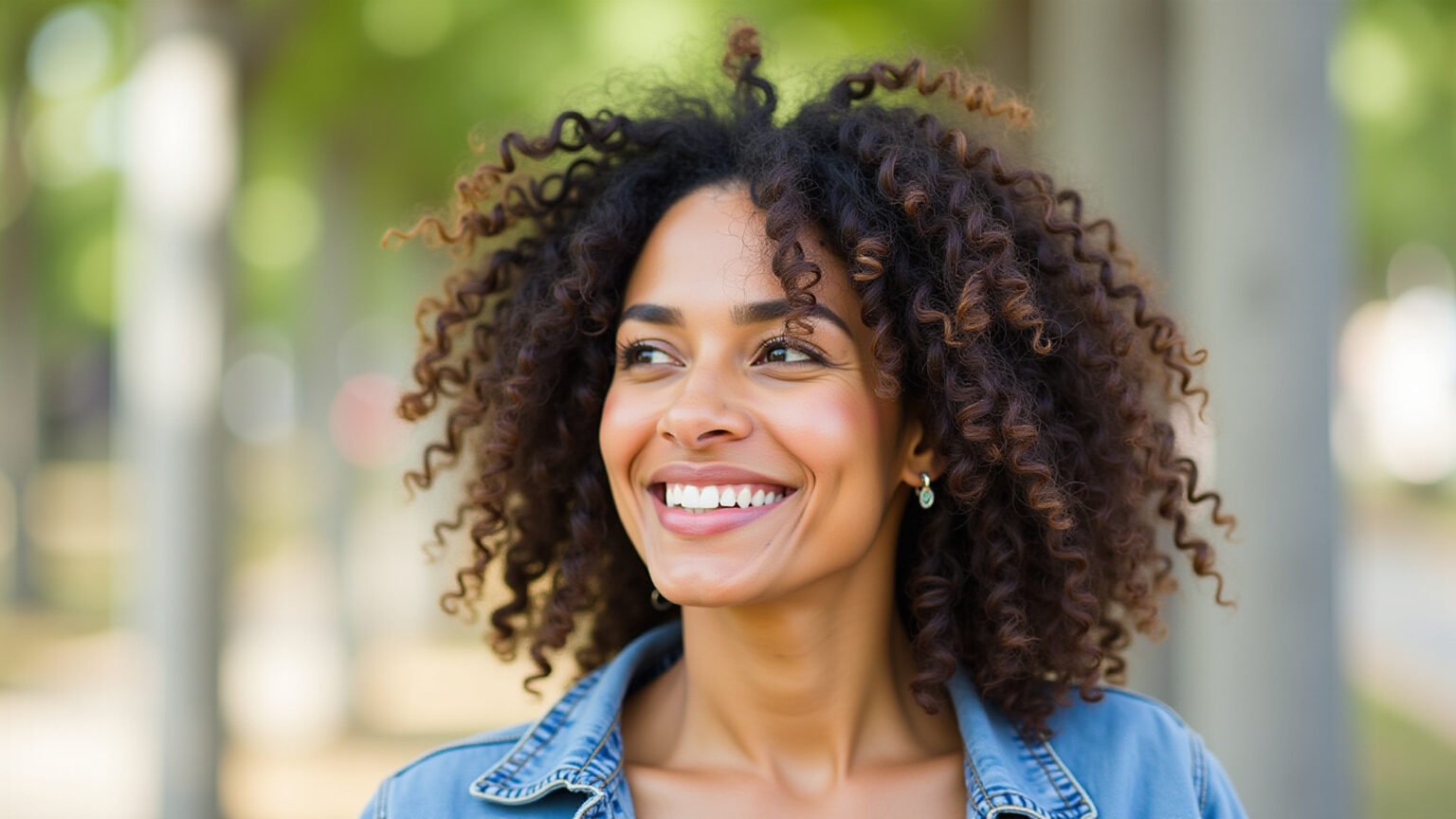 Mulher brasileira sorrindo com cabelo cacheado e presilhas statement.