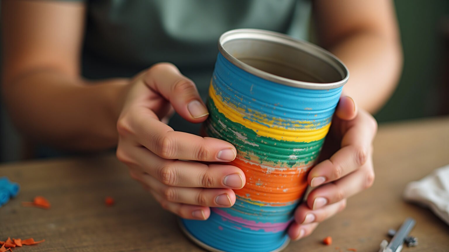 Mãos criando vaso colorido de lata de alumínio reciclada.