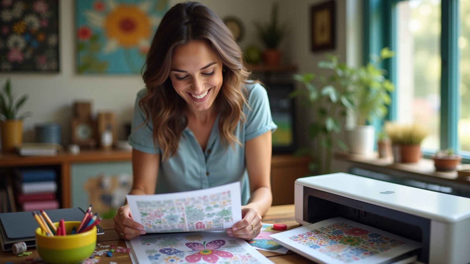 Mulher sorrindo usando impressora colorida para artesanato.