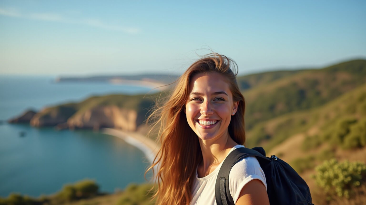 Mulher sorrindo viajando sozinha em Portugal, sentindo-se confiante e forte.