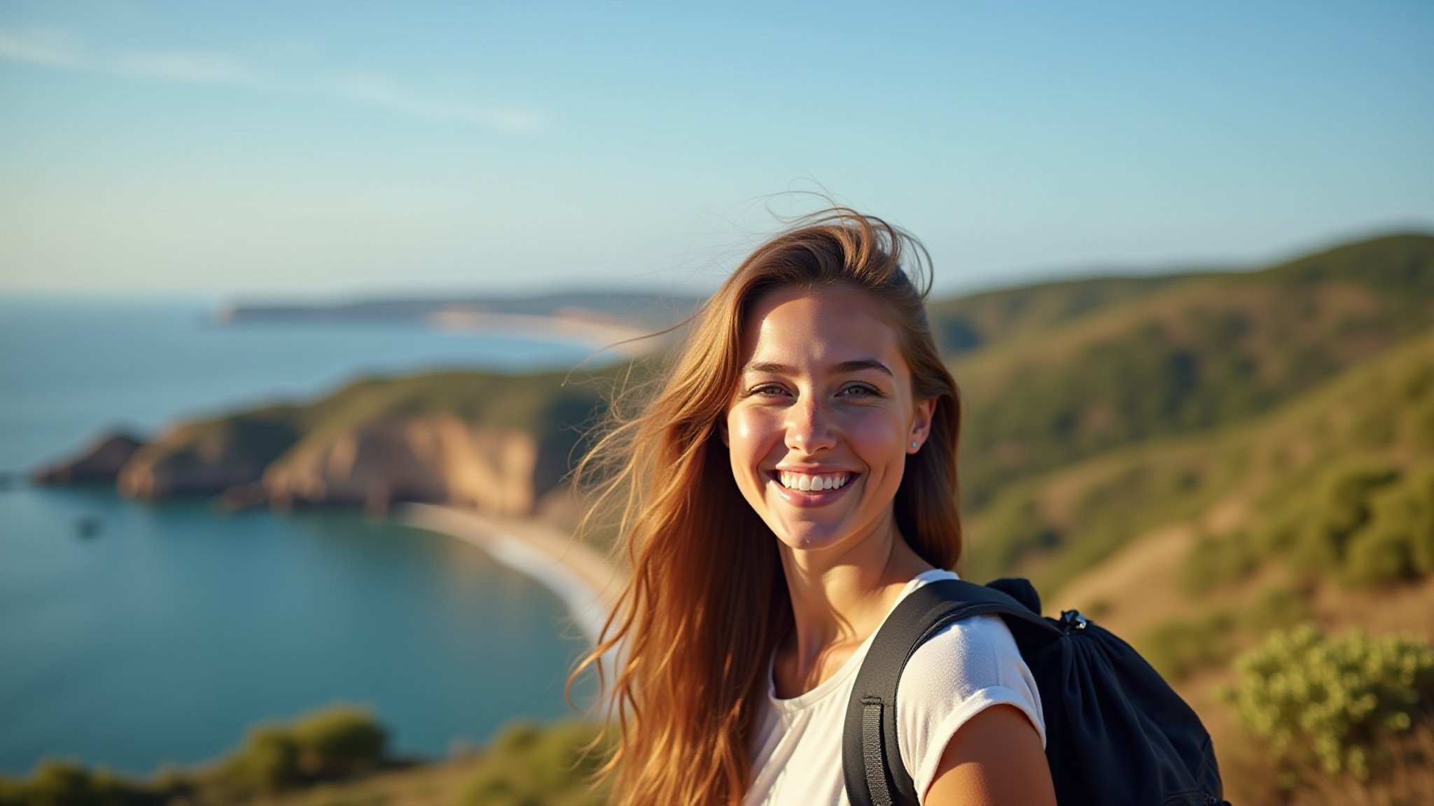 Mulher sorrindo viajando sozinha em Portugal, sentindo-se confiante e forte.