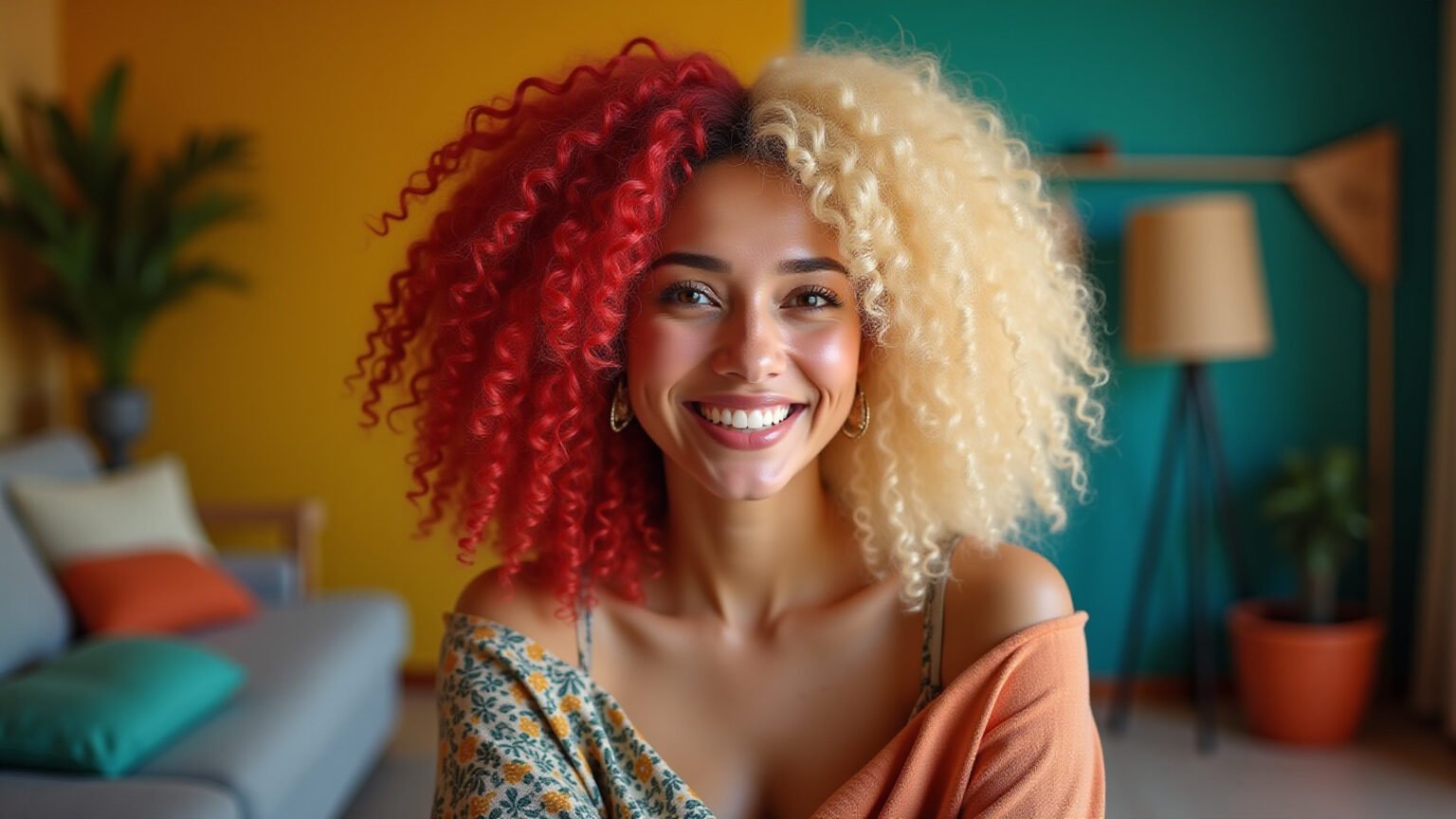 Mulher brasileira sorrindo com perucas diversas em ambiente vibrante.