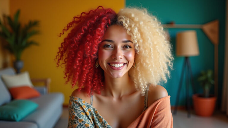 Mulher brasileira sorrindo com perucas diversas em ambiente vibrante.