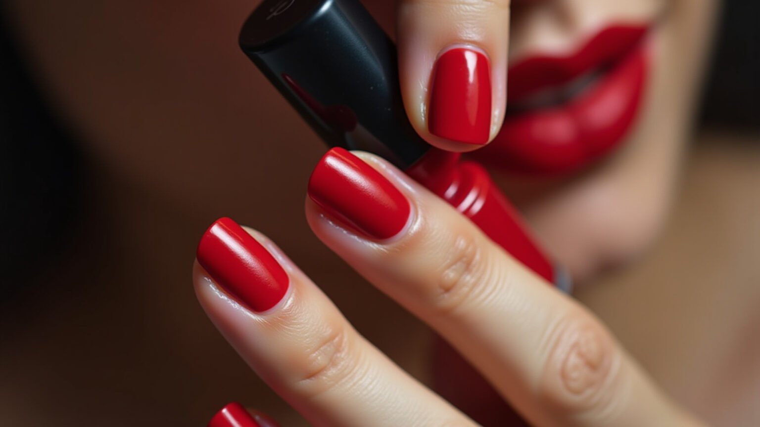 Aplicação de esmalte matte vermelho em unhas.
